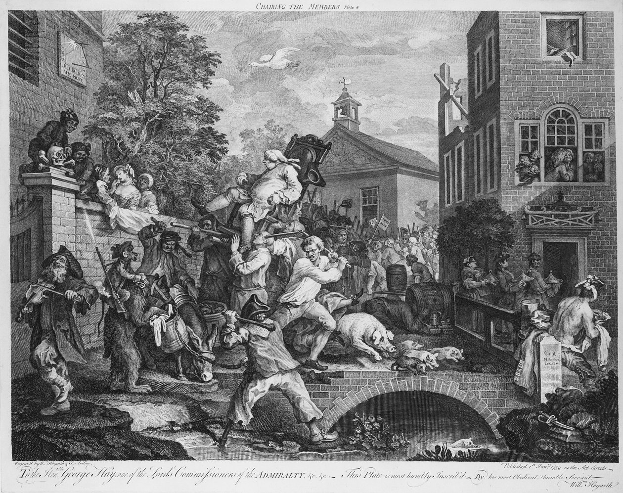 Wybory, przewodniczenie posłowi, 1758 autorstwa William Hogarth