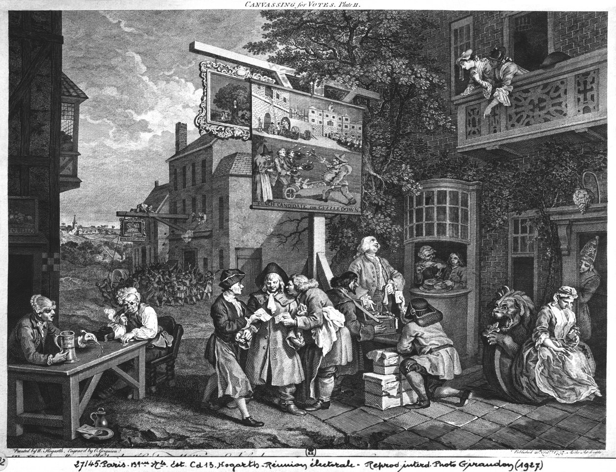 Wybory II; Akwizycja na głosy, grawerowana przez Charlesa Grigniona (1717-1810) 1757 (patrz także 1997) autorstwa William Hogarth