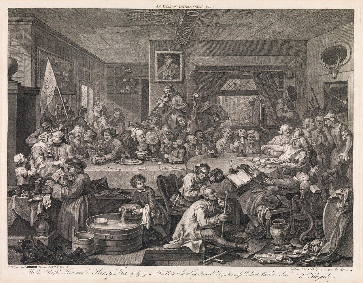 Wybory, tablica 1: „Uczta wyborcza” autorstwa William Hogarth