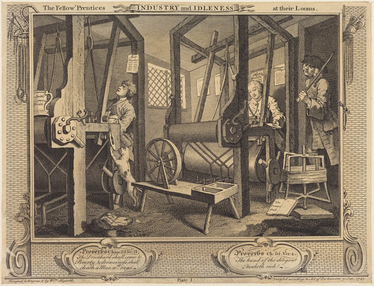 Czeladniczy uczniowie przy swoich krosnach autorstwa William Hogarth