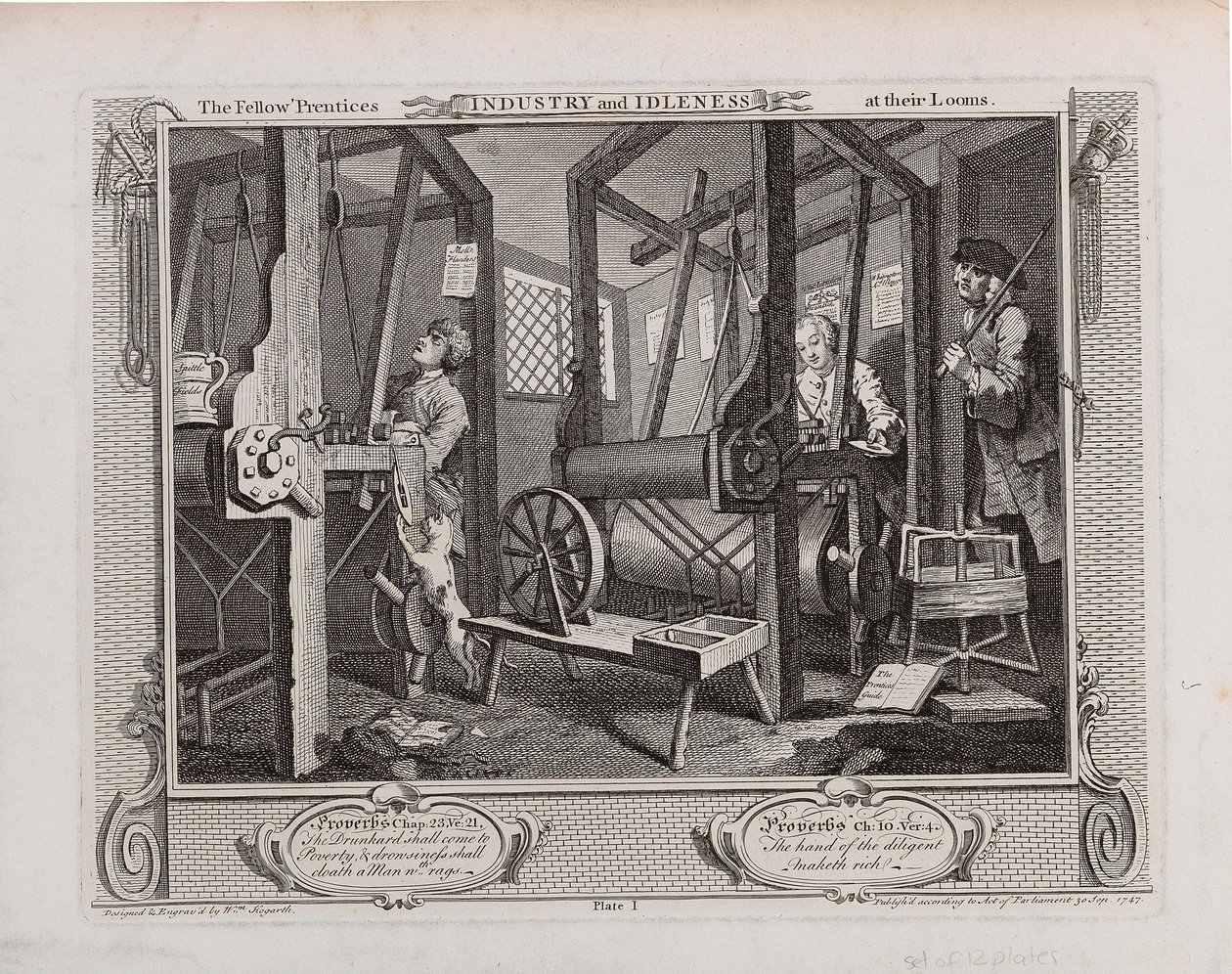 Koledzy praktykanci w swoich krosnach. Przemysł serii i bezczynność, 1747. autorstwa William Hogarth
