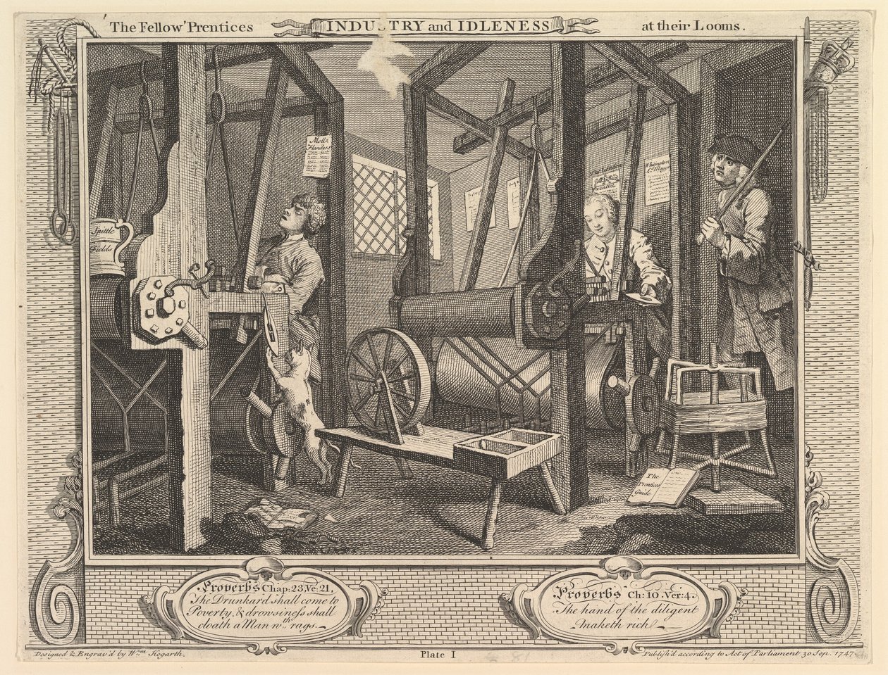The Fellow „Prentices przy krosnach: przemysł i bezczynność, płyta 1 autorstwa William Hogarth