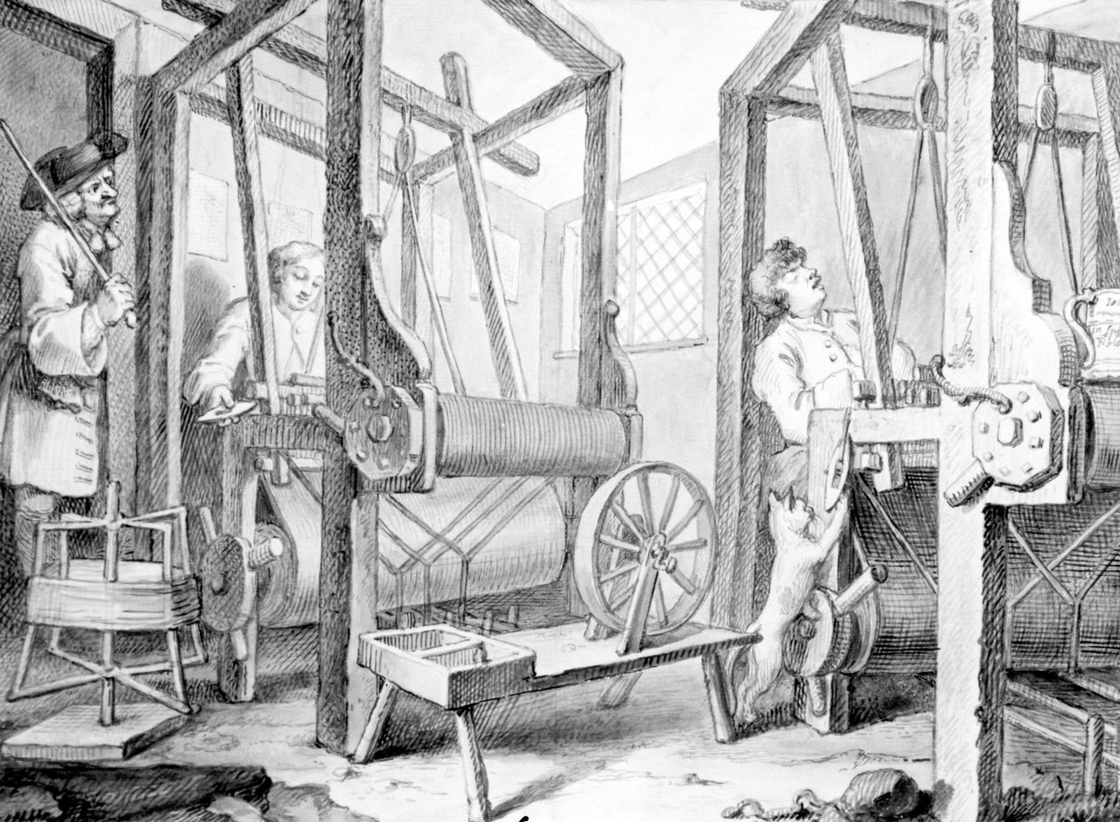 The Fellow Prentices at Looms Representing Industry and Idleness, 1747 (pranie, długopis i atrament oraz grafit na papierze) autorstwa William Hogarth