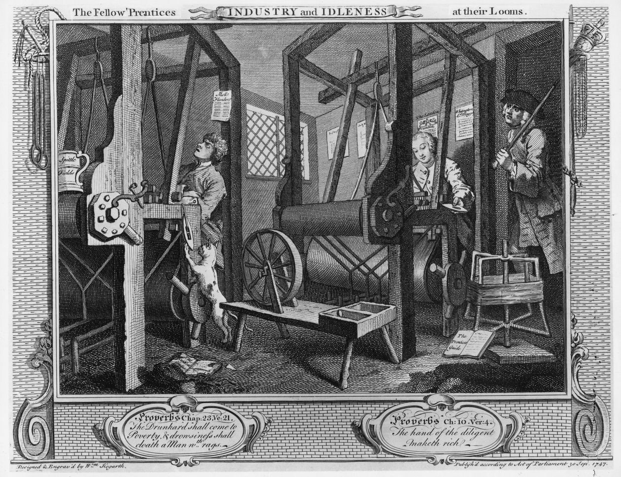 Stypendysta „Prentices at their Looms”, tablica I „Przemysł i bezczynność”, 1747 autorstwa William Hogarth