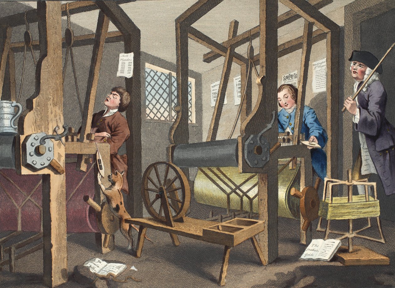 The Fellow „Prentices at their Looms”, płyta I „Przemysł i bezczynność”, ilustracja z „Hogarth Restored: The Whole Works of the sławny William Hogarth, ponownie grawerowany przez Thomasa Cooka”, wyd. 1812 autorstwa William Hogarth