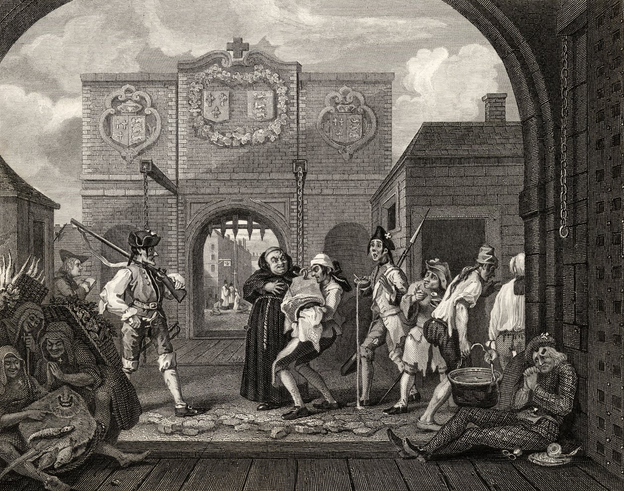 Brama Calais, czyli o pieczonej wołowinie starej Anglii, z "Dzieł Williama Hogartha", opublikowanych w 1833 r. autorstwa William Hogarth