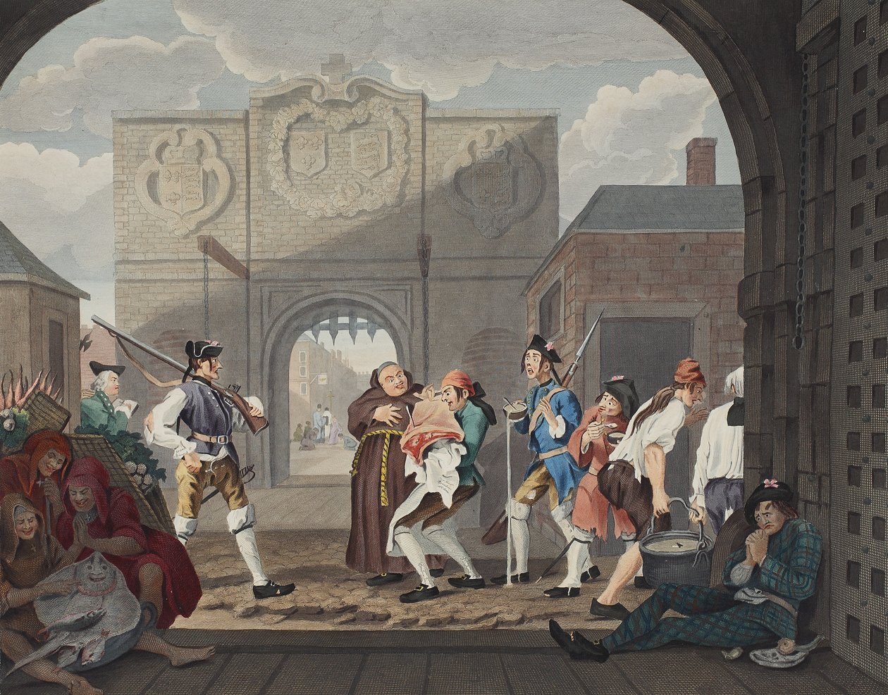 The Gate of Calais lub O The Roast Beef of Old England, ilustracja z „Hogarth Restored: The Whole Works of the sławny William Hogarth, ponownie grawerowany przez Thomasa Cooka”, wyd. 1812 (ręcznie kolorowane en autorstwa William Hogarth