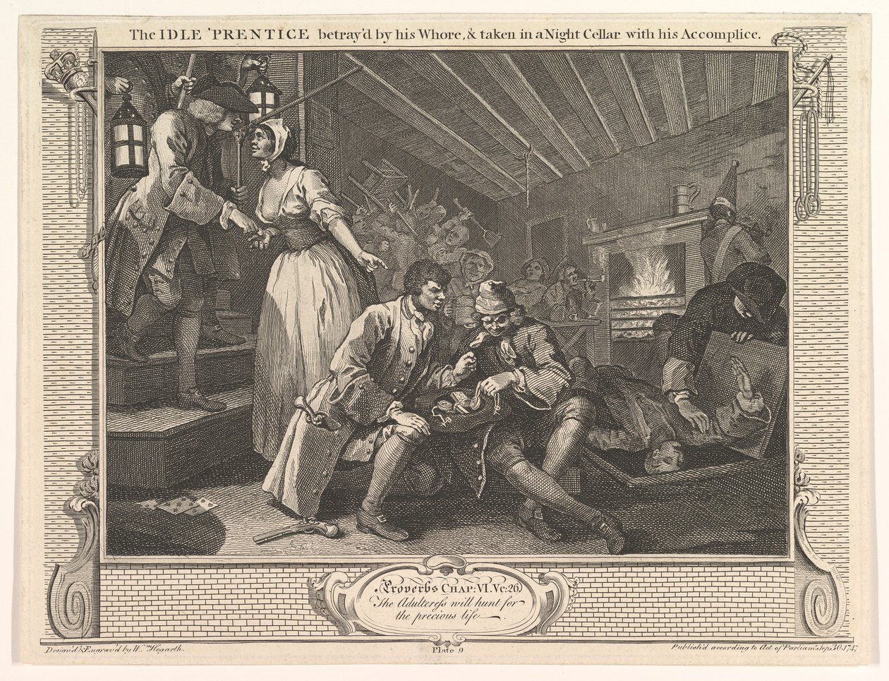 Bezczynny czeladnik zdradzony przez swoją dziwkę i zabrany w nocnej piwnicy z hi..., 30 września 1747 r. autorstwa William Hogarth