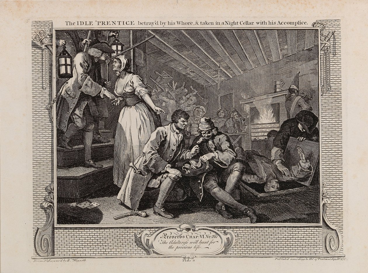 Bezczynny uczeń zdradzony przez dziwkę i zabrany do nocnej piwnicy ze swoim wspólnikiem, 1747. autorstwa William Hogarth