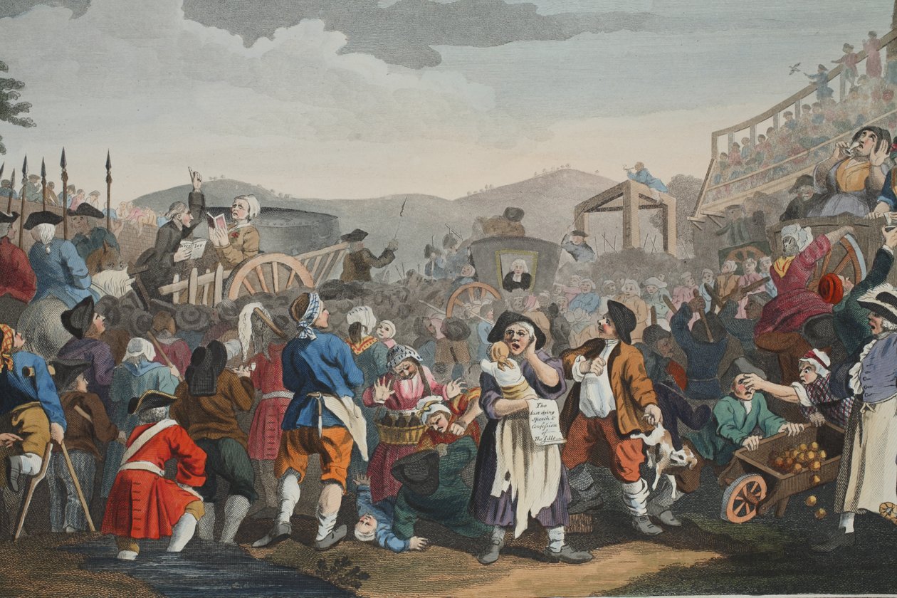 The Idle „Prentice Executed at Tyburn, tablica XI „Industry and Idleness”, ilustracja z „Hogarth Restored: The Whole Works of the słynny William Hogarth, ponownie wygrawerowany przez Thomasa Cooka”, wyd. 1812 (rycina ręcznie kolorowana) autorstwa William Hogarth