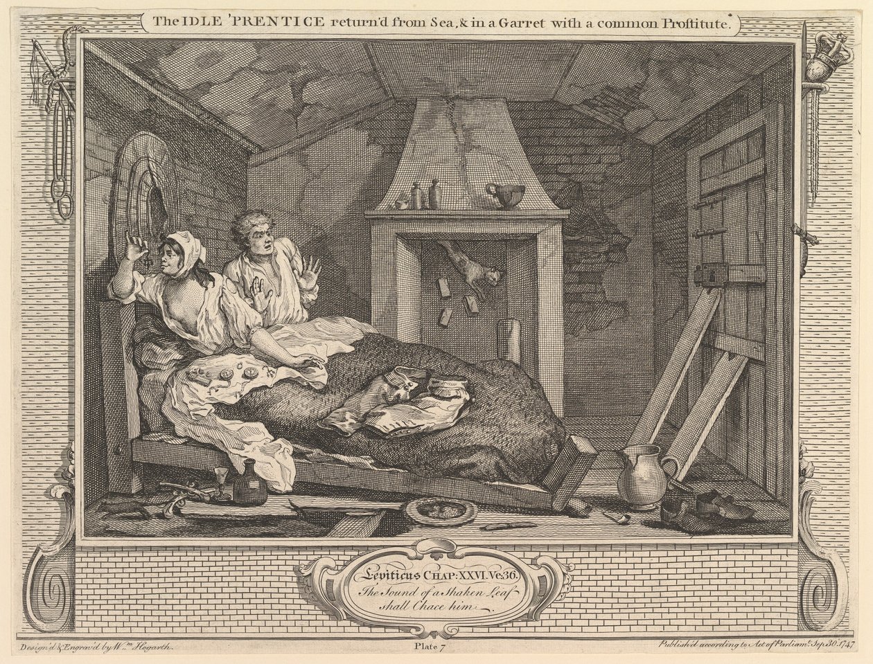 Bezczynny czeladnik powrócił z morza i na poddaszu ze zwykłą prostytutką..., 30 września 1747 r. autorstwa William Hogarth