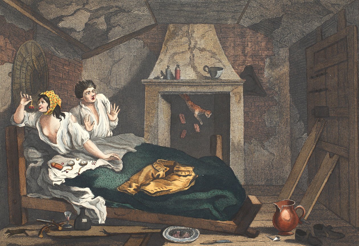 Bezczynny „Uczeń powrócił z morza i na poddaszu ze zwykłą prostytutką”, tablica VII „Przemysł i bezczynność”, ilustracja z „Przywrócone Hogarth: Całe dzieła sławnego Williama Hoga autorstwa William Hogarth