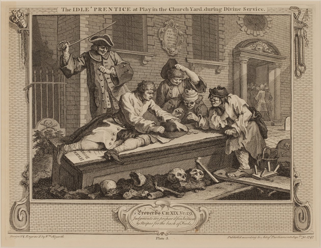 Bezczynny „uczeń w zabawie na dziedzińcu kościelnym podczas służby Bożej” autorstwa William Hogarth