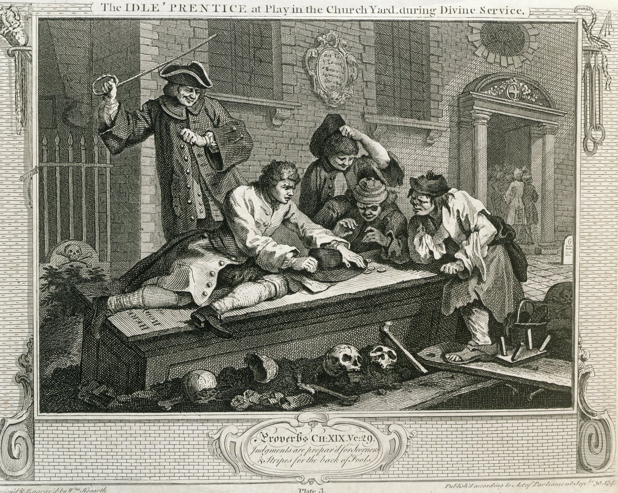Bezczynność „Uczeń w zabawie na dziedzińcu kościelnym podczas nabożeństwa, tablica III „Przemysł i bezczynność”, opublikowana w 1833 r. autorstwa William Hogarth