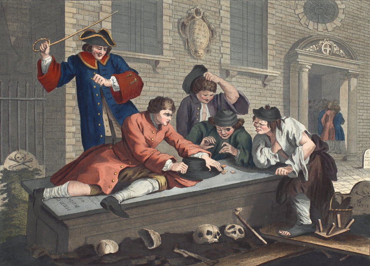 Bezczynny praktykant w zabawie na placu kościelnym podczas nabożeństwa, płyta III „Przemysł i bezczynność”, ilustracja z „Hogarth Restored: The Whole Works of the sławny William Hogarth”, ponownie eng. autorstwa William Hogarth