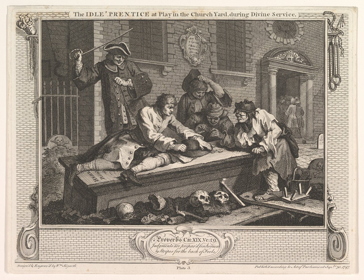 Próżny uczeń na zabawie w przemyśle i bezczynności na placu kościelnym, tablica 3, 30 września 1747 r. autorstwa William Hogarth