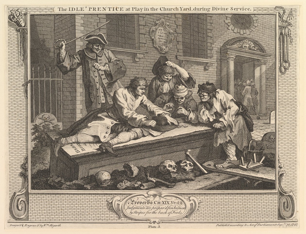 Próżny uczeń podczas zabawy na cmentarzu przykościelnym: przemysł i bezczynność, płyta 3, 30 września 1747 r. autorstwa William Hogarth