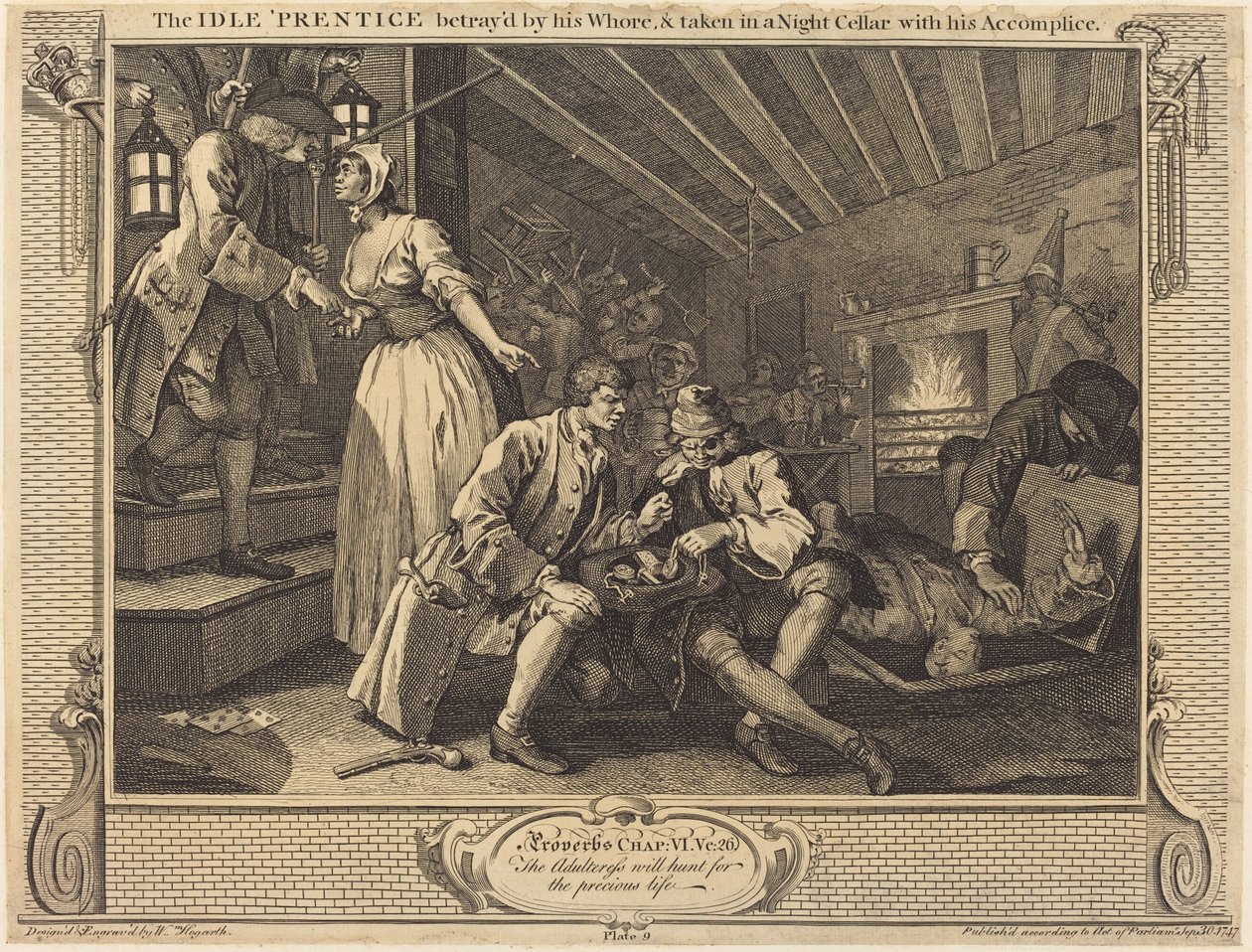Bezczynny „Prentice zdradzony” przez swoją dziwkę i zabrany do nocnej piwnicy ze swoim wspólnikiem autorstwa William Hogarth