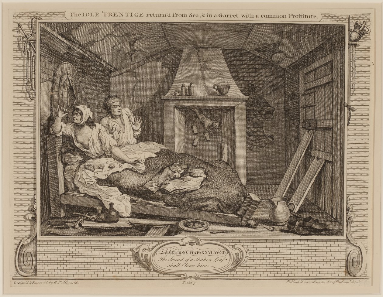 Bezczynny „powrót ucznia” z morza i na poddaszu ze zwykłą prostytutką, z serii „Przemysł i bezczynność”, październik 1747 (akwaforta i grawerowanie) autorstwa William Hogarth