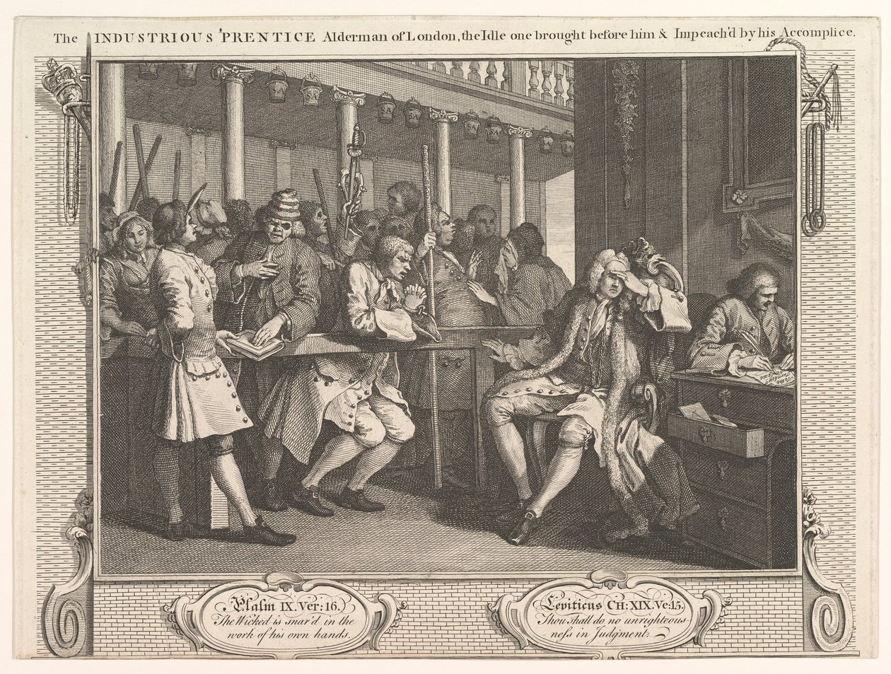 The Industious Prentice Alderman of London, The Idle One Brought Before Hi…, 30 września 1747. autorstwa William Hogarth
