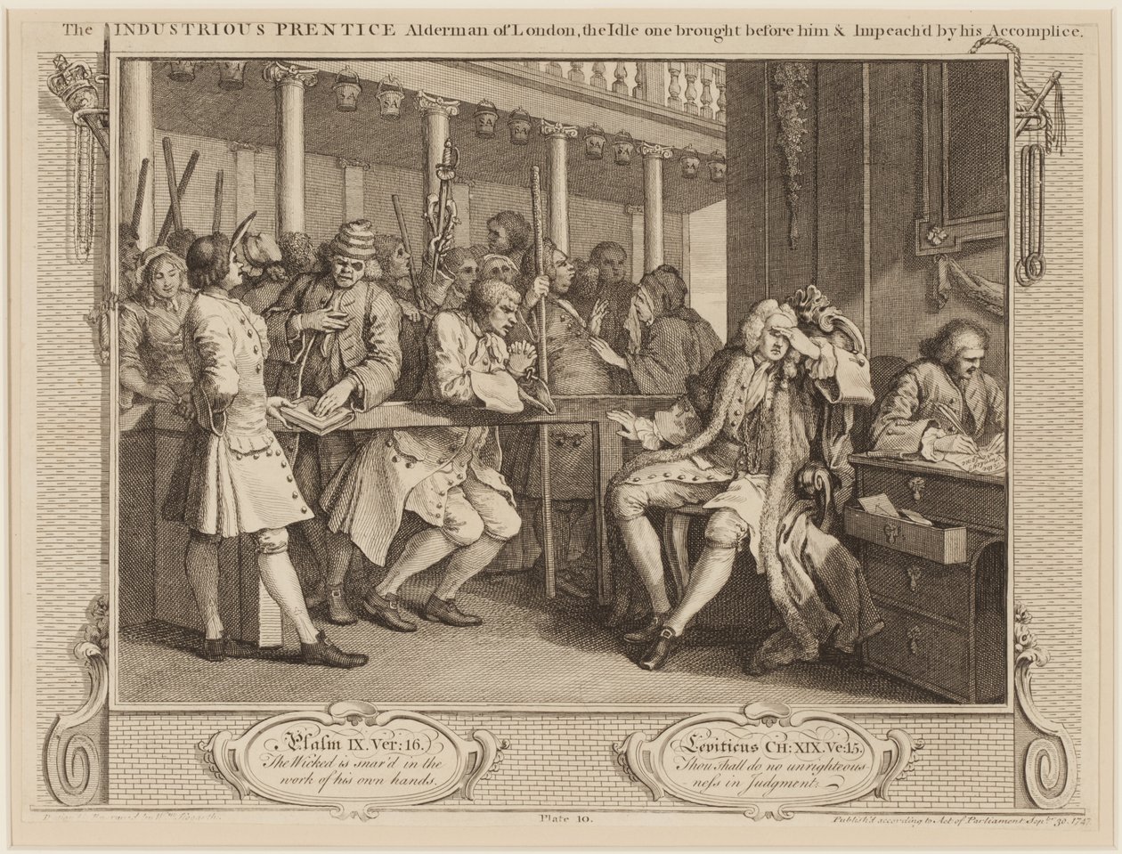 Pracowity „Prentice Alderman of London: bezczynny przyniesiony przed nim i zakwestionowany przez jego wspólnika autorstwa William Hogarth