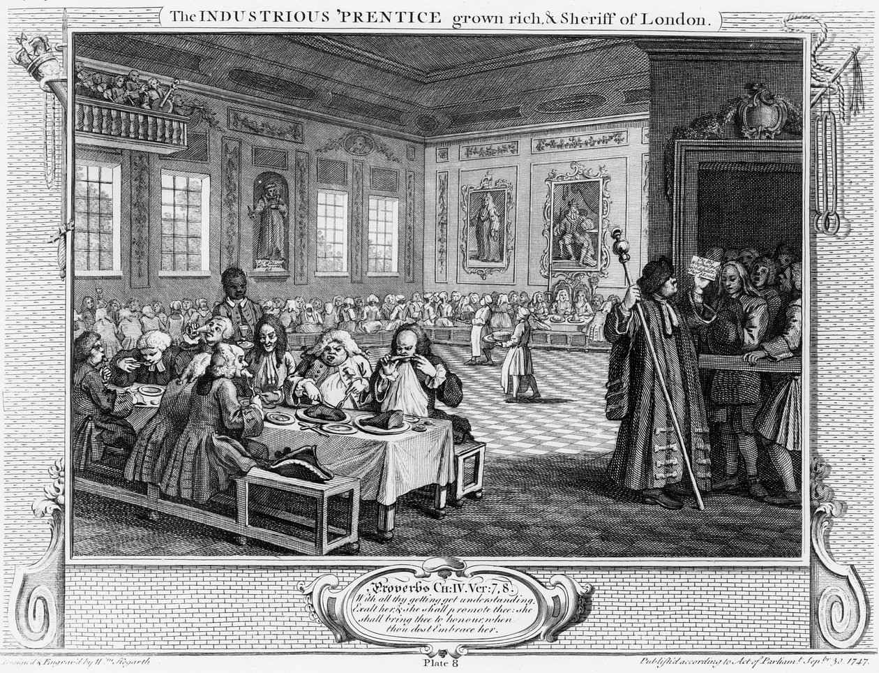 Pracowity „Prentice Grown Rich i szeryf Londynu”, płyta VIII „Przemysł i bezczynność”, 1747 autorstwa William Hogarth