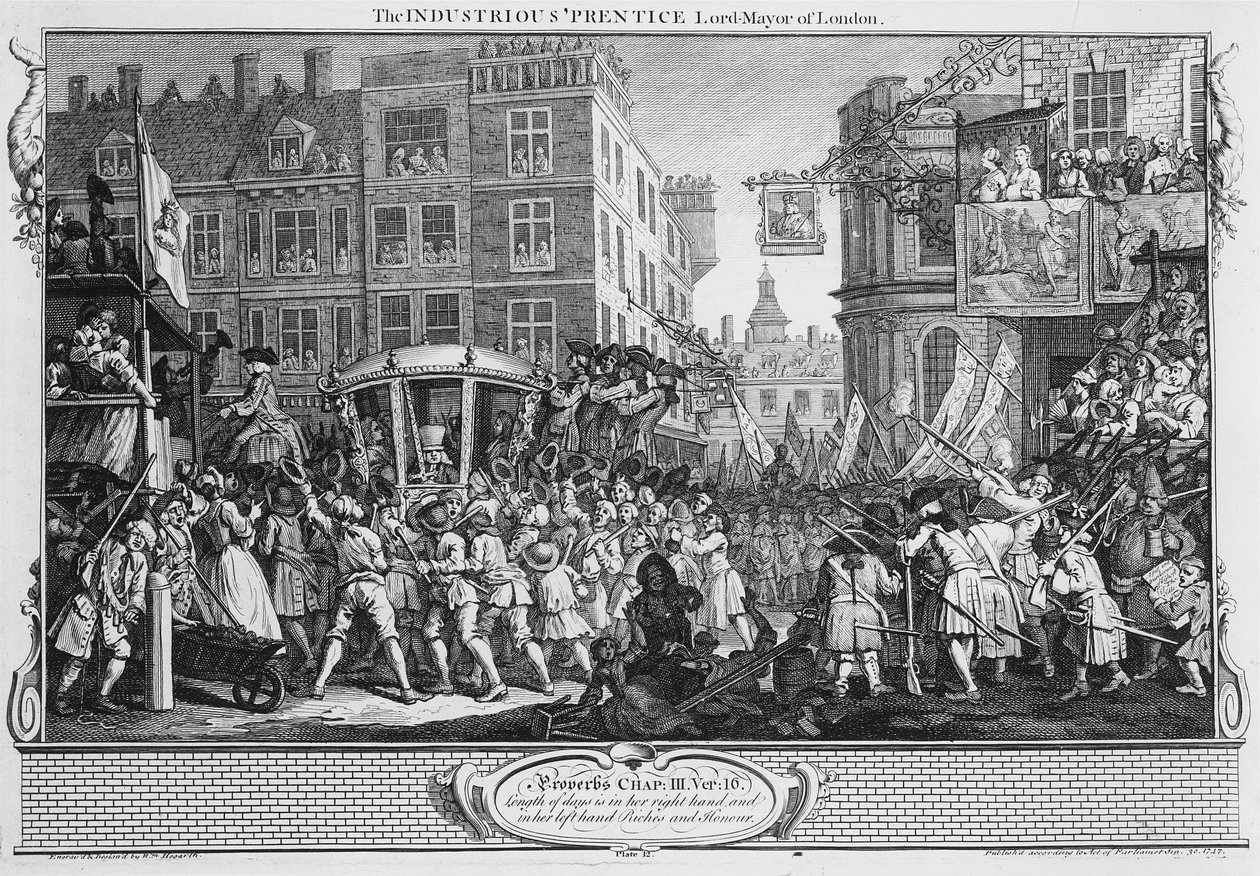 Pracowity „Prentice Lord Mayor of London”, tablica XII „Przemysł i bezczynność” autorstwa William Hogarth