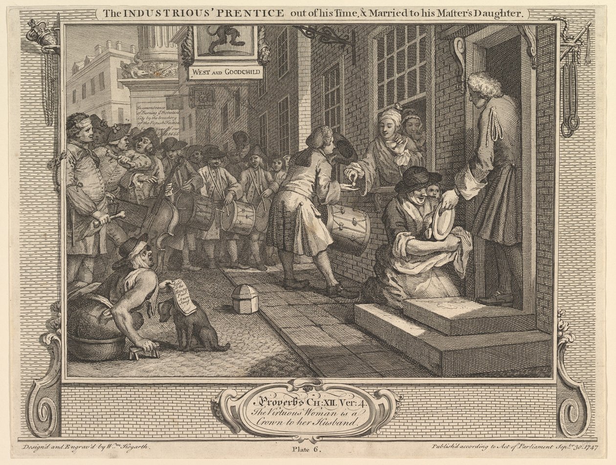 Pracowity czeladnik nie ma czasu i poślubił córkę swojego mistrza..., 30 września 1747 r. autorstwa William Hogarth
