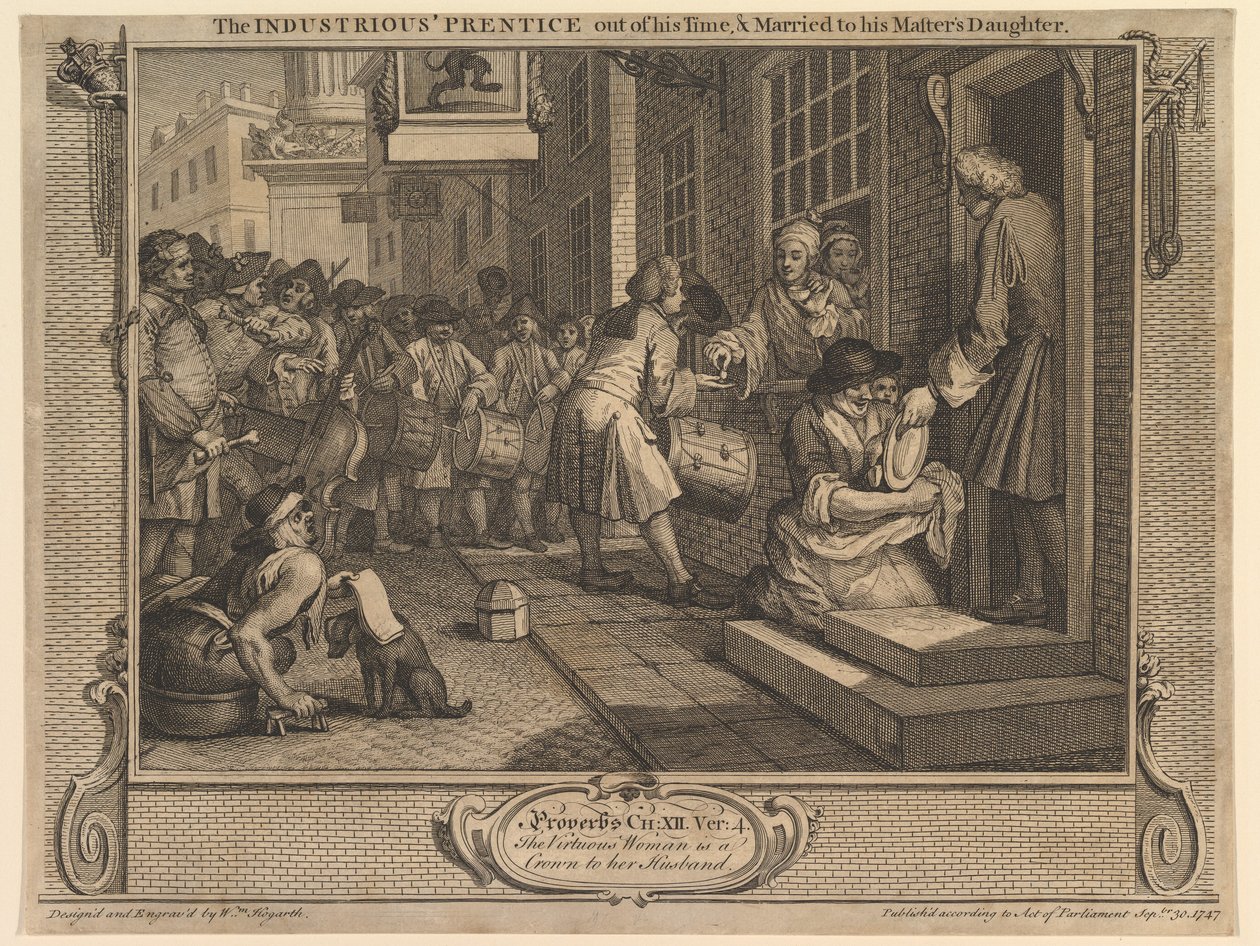 Pracowity uczeń ukończył naukę i poślubił córkę swego mistrza: Pracowitość i próżniactwo, tablica 6 autorstwa William Hogarth
