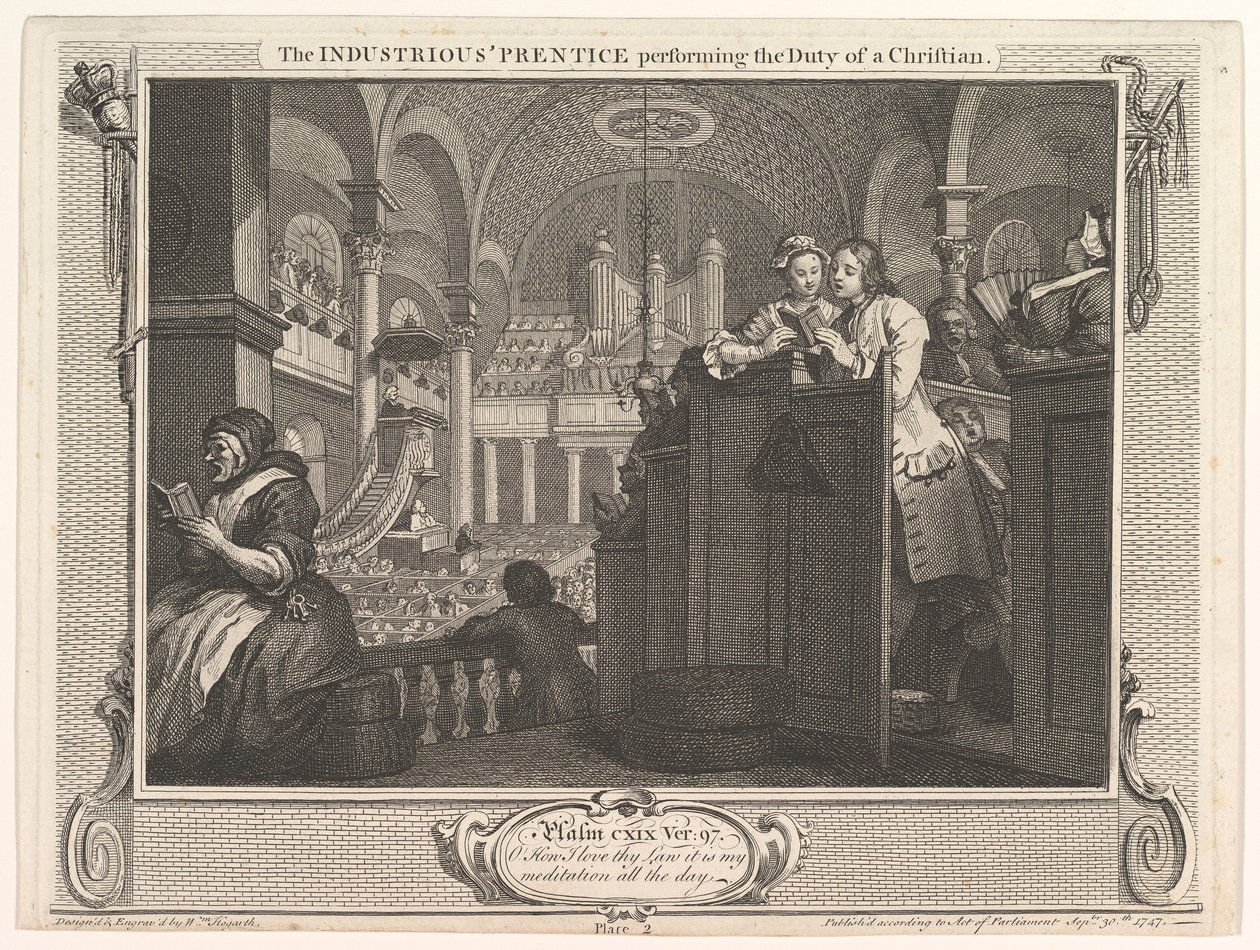 Pracowity czeladnik wykonujący obowiązki chrześcijańskiego przemysłu i ja..., 30 września 1747 r. autorstwa William Hogarth