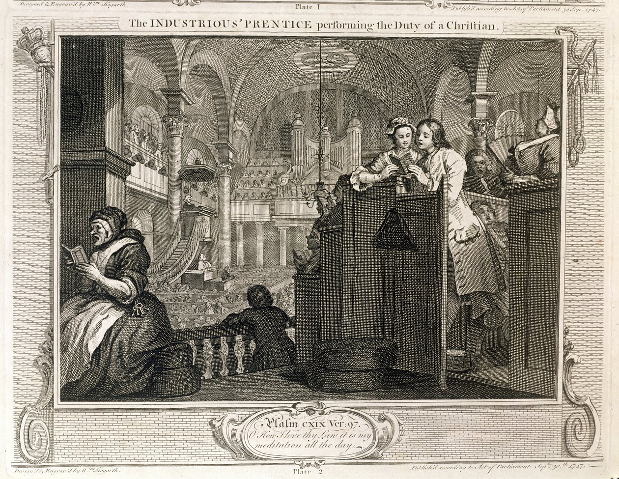 Pracowity „Prentice wykonujący obowiązki chrześcijanina”, tablica II „Przemysł i bezczynność”, wydana w 1833 r. autorstwa William Hogarth