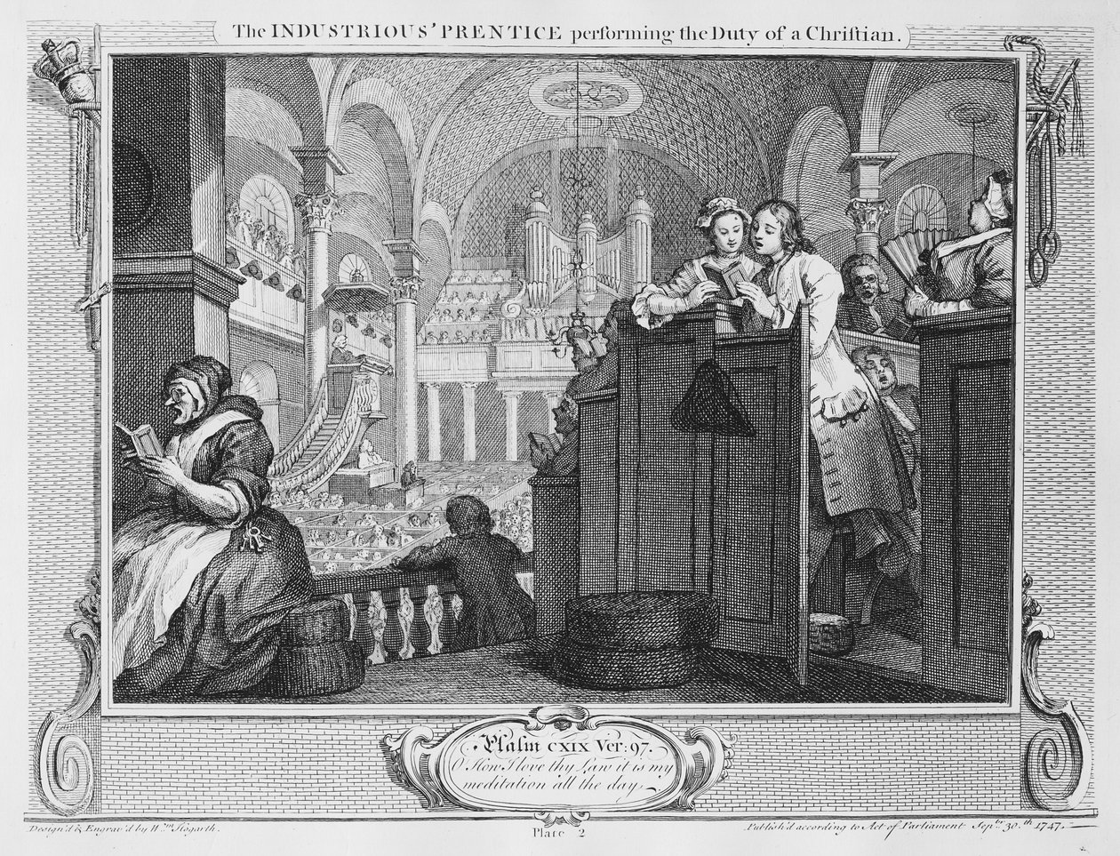 Pracowity „Uczeń wykonujący obowiązki chrześcijanina”, tablica II „Przemysł i bezczynność”, 1747 (rycina) autorstwa William Hogarth
