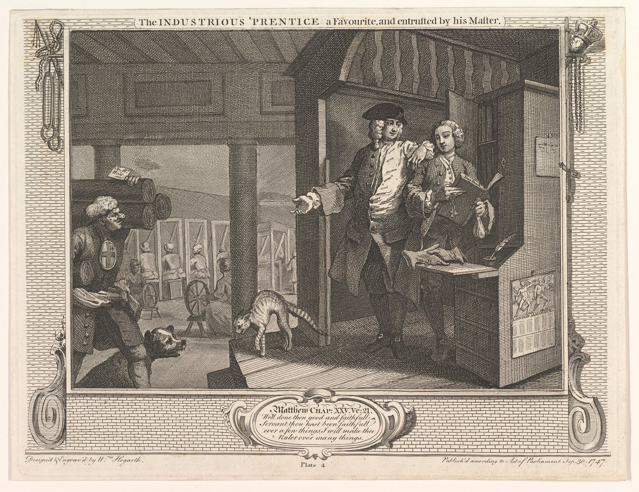 Pracowity czeladnik faworytem i powierzonym mu przez jego mistrzowski przemysł a..., 30 września 1747 r. autorstwa William Hogarth