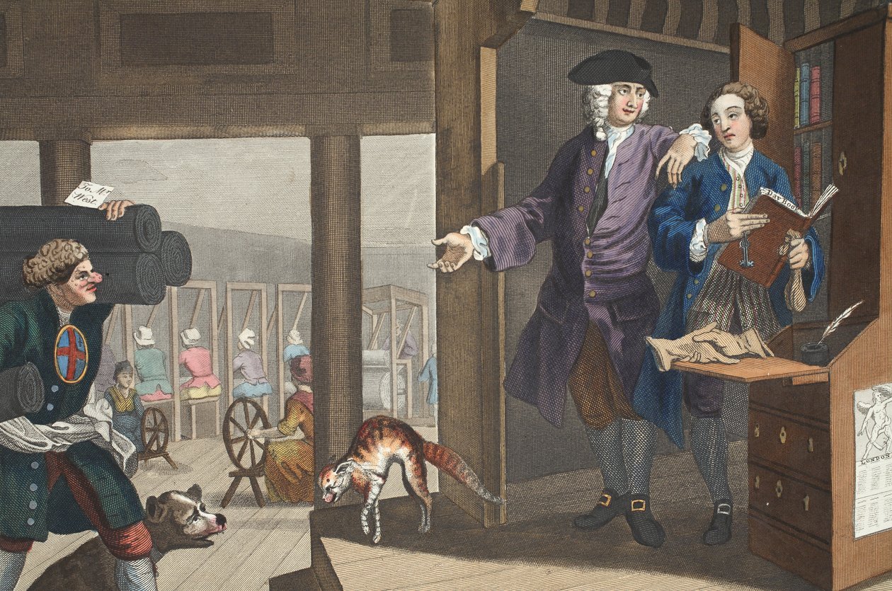 Pracowity „Prentice a Favorite i powierzony przez swego mistrza”, płyta IV „Industry and Idleness”, ilustracja z „Hogarth Restored: The Whole Works of the sławny William Hogarth”, re-engra autorstwa William Hogarth