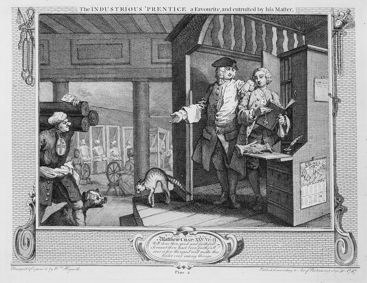 Pracowity „Uczeń ulubiony i powierzony przez swego mistrza”, płyta IV „Przemysł i bezczynność” autorstwa William Hogarth