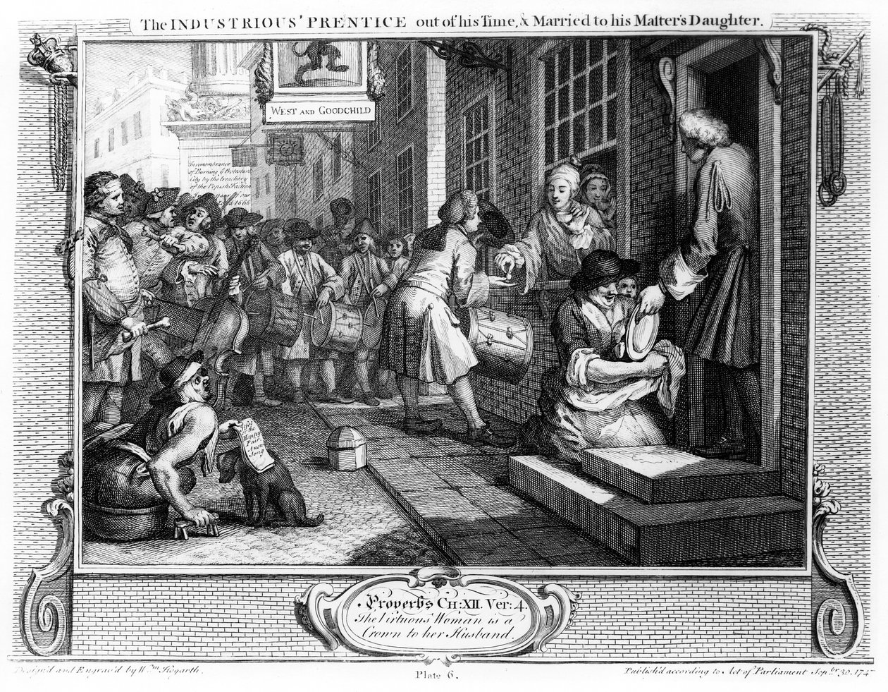 Pracowity „Uczeń ze swoich czasów i żonaty z córką swego pana, tablica VI „Przemysł i bezczynność”, 1747 autorstwa William Hogarth