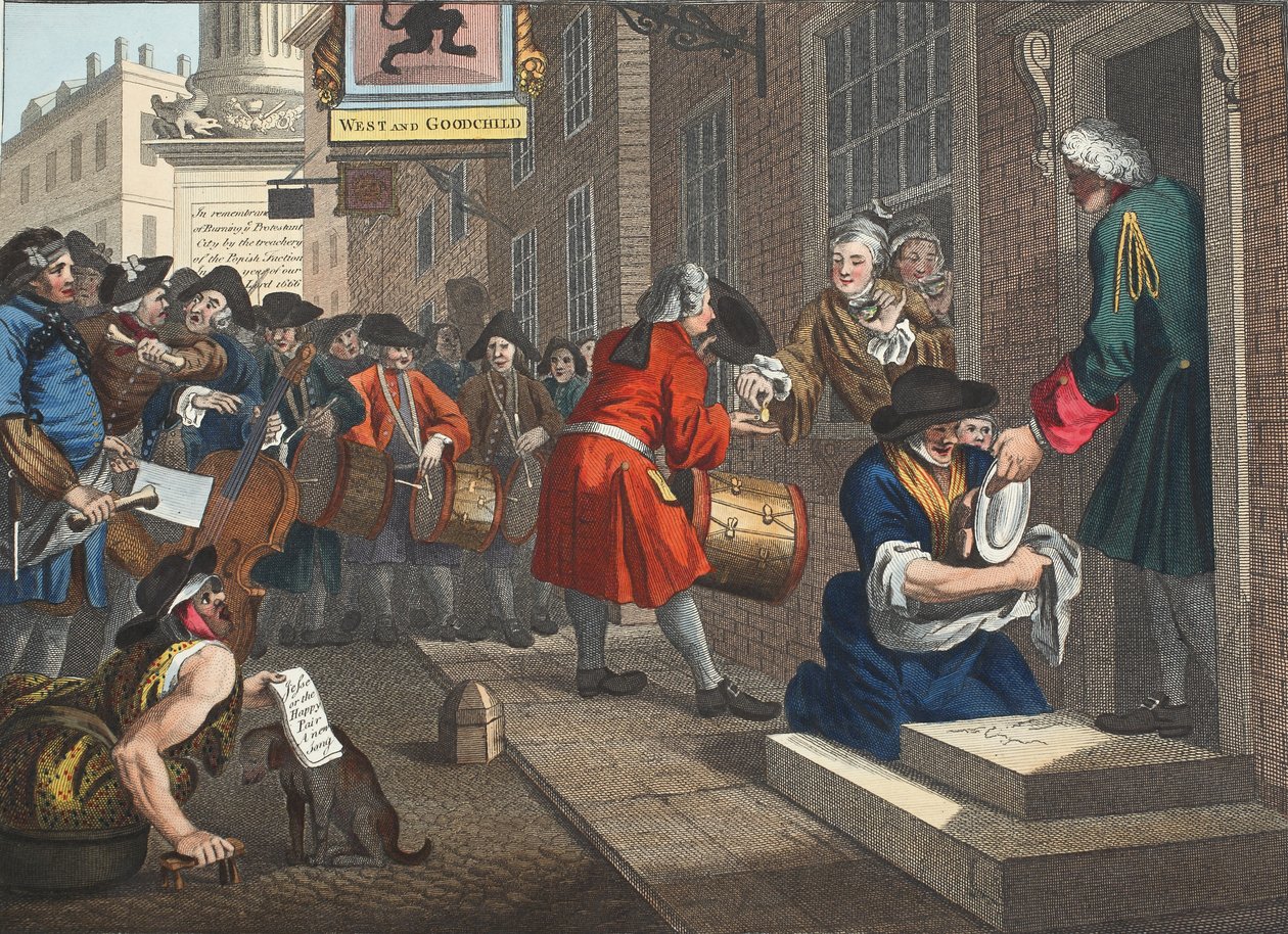 Pracowity „Prentice ze swoich czasów i żonaty z córką swego pana”, tablica VI „Przemysł i bezczynność”, ilustracja z „Hogarth Restored: The Whole Works of the sławny William Hoga autorstwa William Hogarth