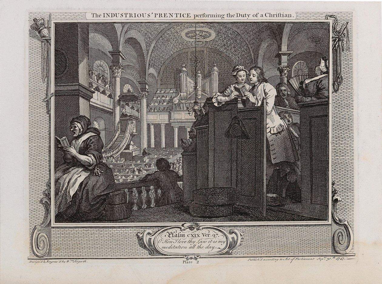 Pracowity „prezydent wykonujący obowiązki chrześcijanina. Przemysł serii i bezczynność, 1747. autorstwa William Hogarth