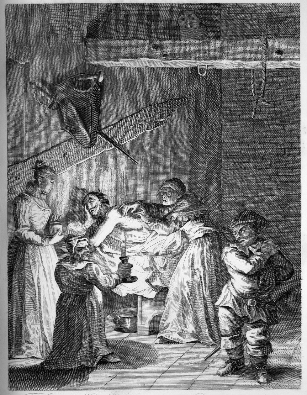 Właściciele gospody Żona i córka opiekujące się Donem po pobiciu i posiniaczeniu? autorstwa William Hogarth