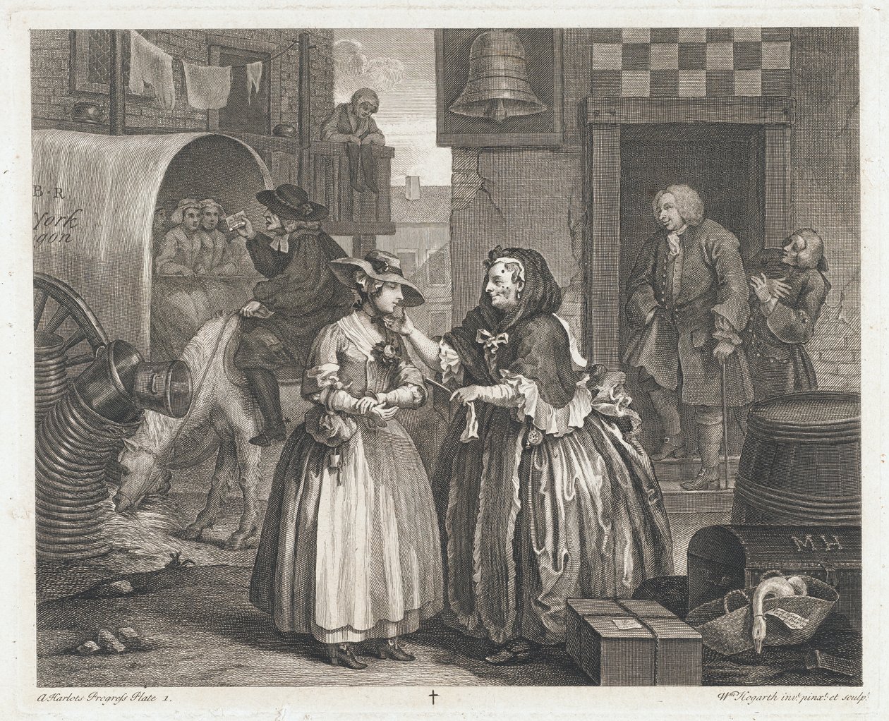 Niewinna dziewczyna zostaje nierządnicą, projekt 1732, druk 1744 (akwaforta i grawerowanie) autorstwa William Hogarth