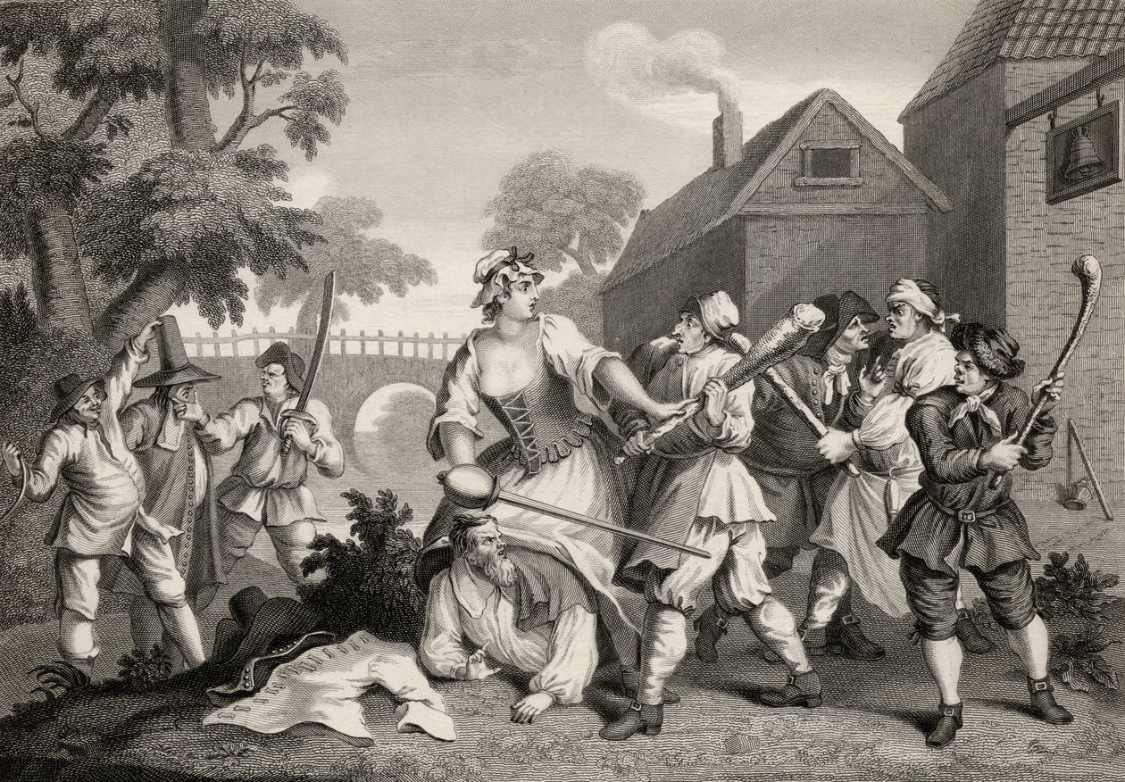 Rycerz poddaje się Trulli, z „Hudibras” Samuela Butlera (1612-80) rytowanego przez F.F. Walker, z „Dzieła Williama Hogartha”, opublikowane w 1833 r. autorstwa William Hogarth