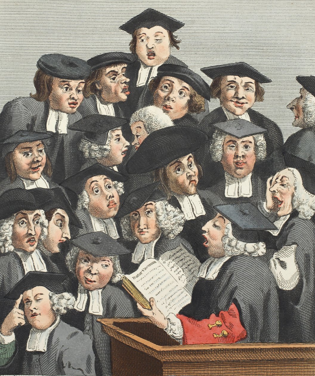 Wykład, ilustracja z „Hogarth Restored: The Whole Works of the sławny William Hogarth, ponownie grawerowany przez Thomasa Cooka”, wyd. 1812 (grawerowanie ręcznie kolorowane) autorstwa William Hogarth