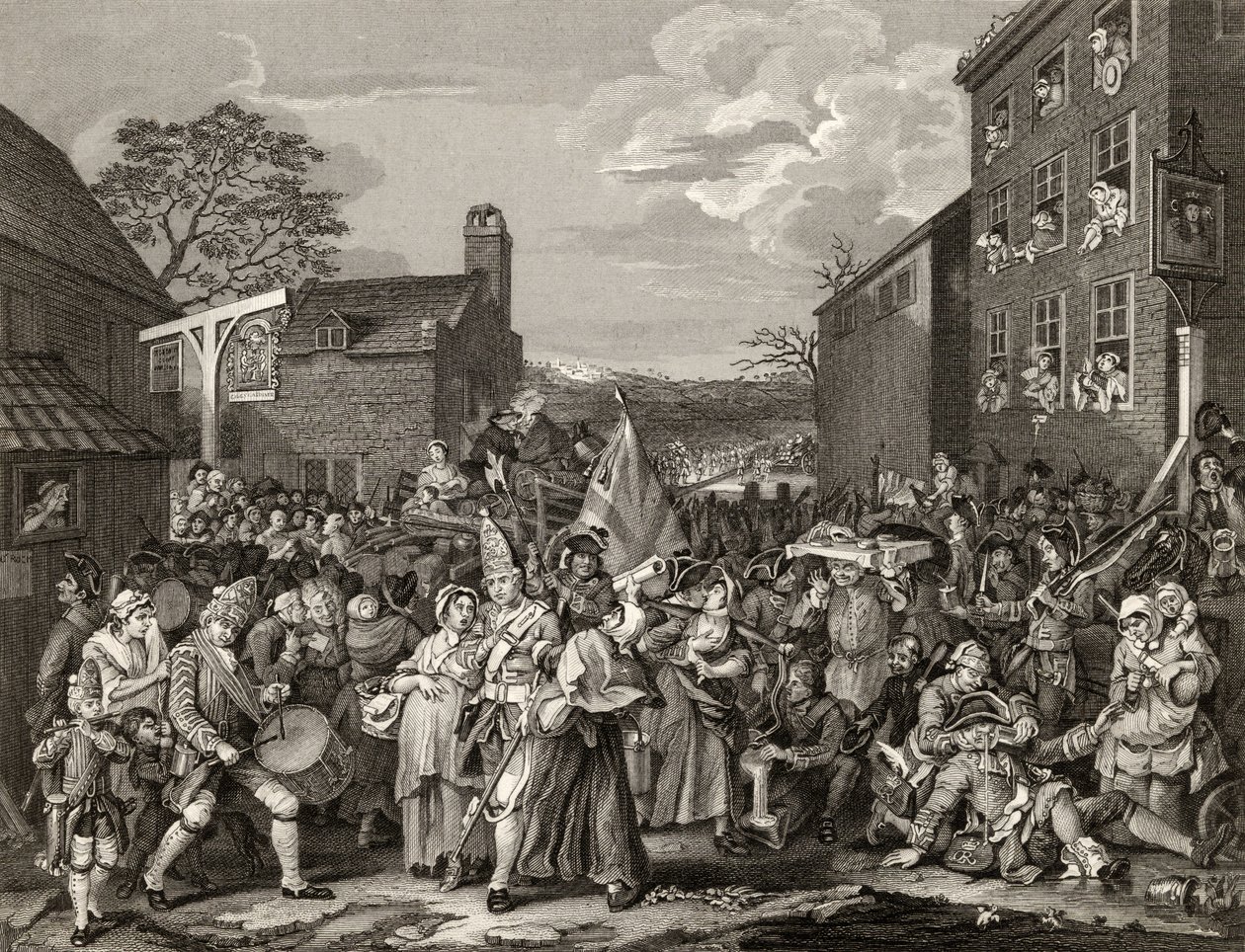 Marsz do Finchley, grawerowany przez T.E. Nicholson, z „Dzieła Hogartha”, opublikowane w 1833 r. autorstwa William Hogarth