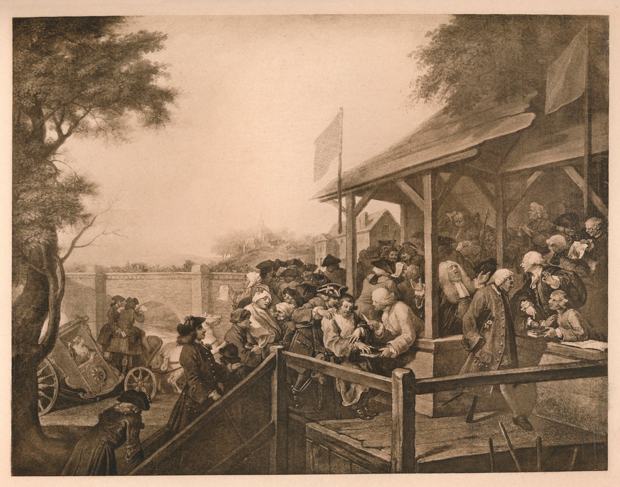 Ankieta, tablica III z Humorów wyborczych, 1757 autorstwa William Hogarth