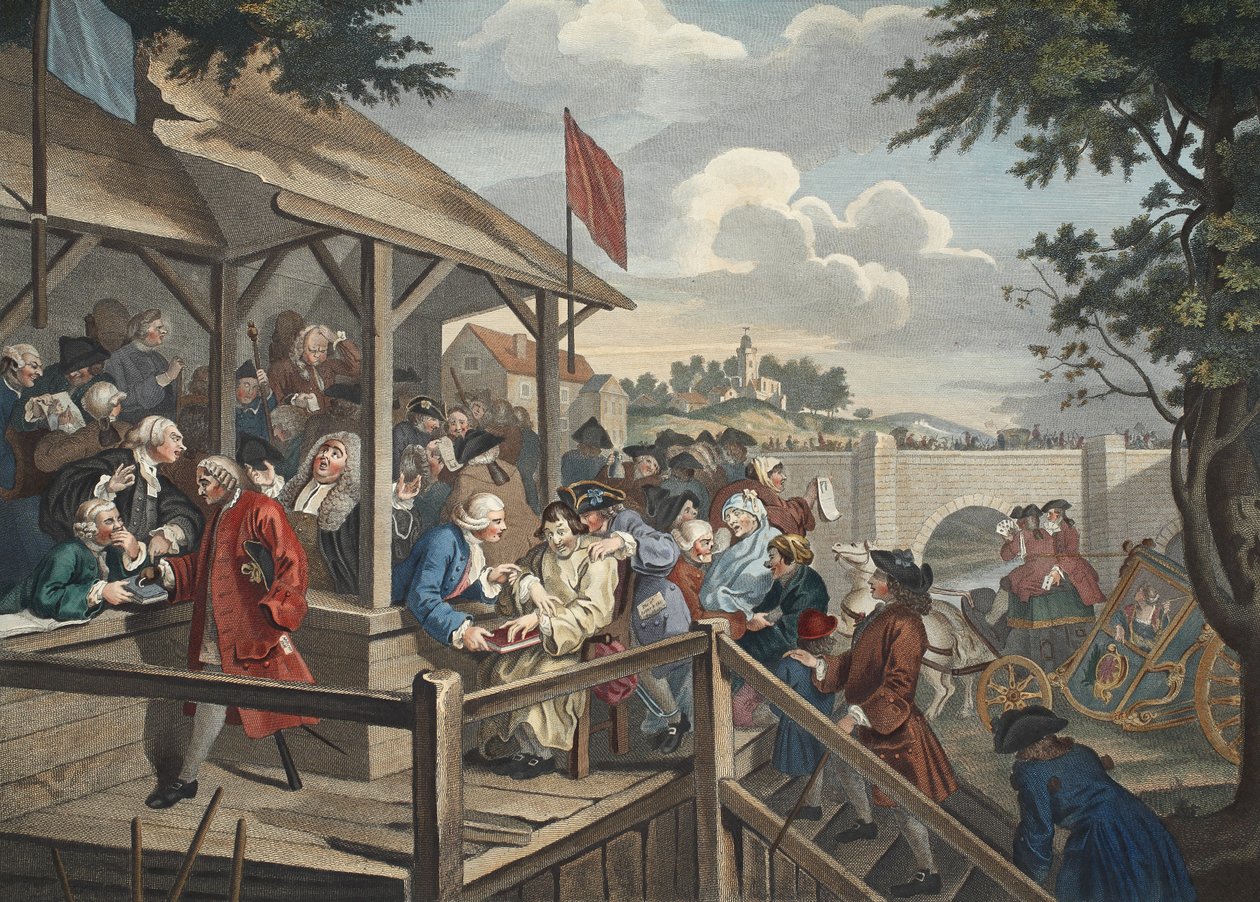 The Polling, ilustracja z „Hogarth Restored: The Whole Works of the sławny William Hogarth, ponownie grawerowany przez Thomasa Cooka”, wyd. 1812 (grawerowanie ręcznie kolorowane) autorstwa William Hogarth