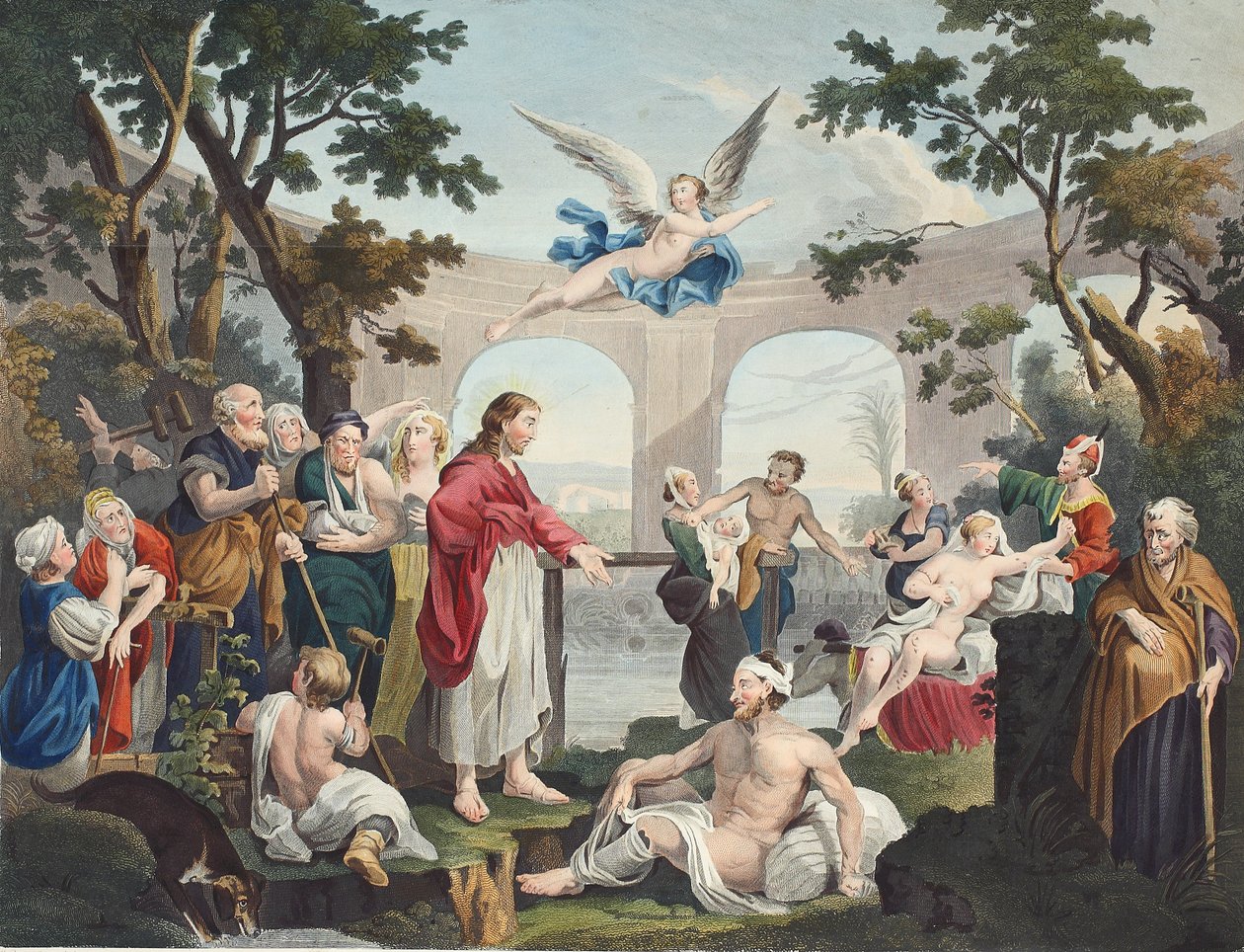 Basen Bethesda, ilustracja z „Hogarth Restored: The Whole Works of the sławny William Hogarth, ponownie grawerowany przez Thomasa Cooka”, wyd. 1812 (grawerowanie ręcznie kolorowane) autorstwa William Hogarth