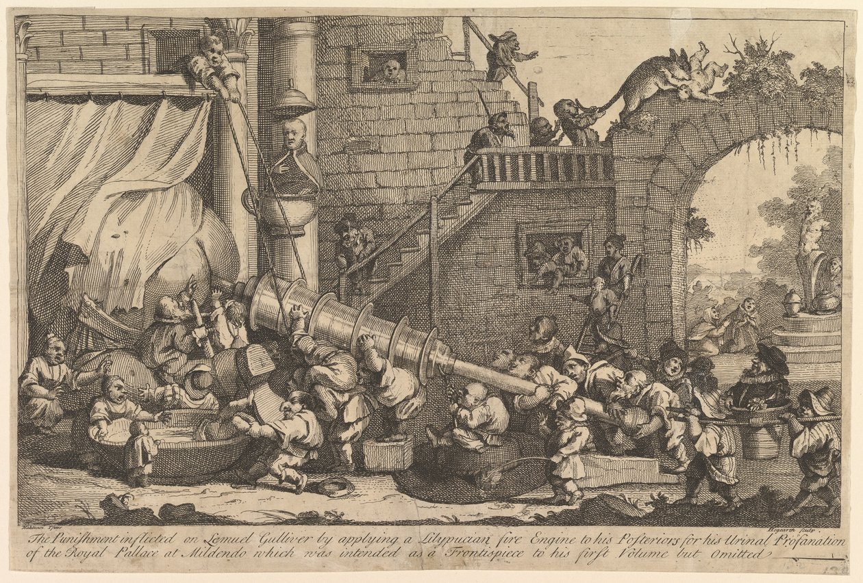 Kara wymierzona Lemuelowi Guliwerowi, grudzień 1726 r. autorstwa William Hogarth