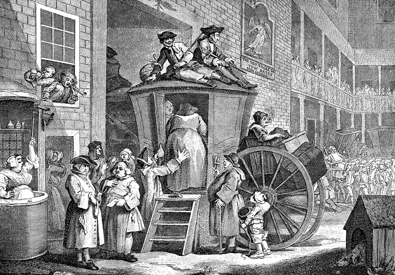 Stage Coach lub Country Inn Yard, 1747 autorstwa William Hogarth