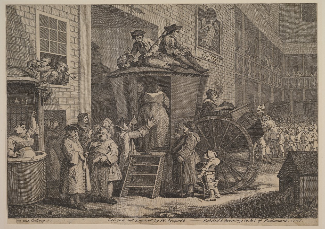 Dyliżans, czyli Country Inn Yard, 1747. autorstwa William Hogarth