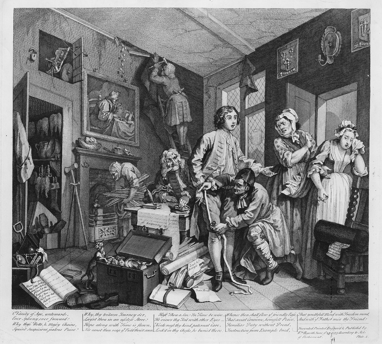 Młody dziedzic przejmuje efekty skąpca, płyta I z „Postępu rozpustnika”, 1735 autorstwa William Hogarth